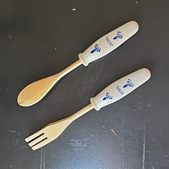 Wood Salad Serving Fork & Spoon Set Hand Painted Ceramic Handles - Picture 6 of 6